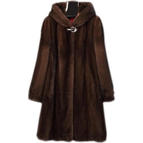 Autumn winter new fur coat imported mink coat female long Haining whole mink fur cap Fur coat women jacket