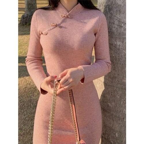 2021 vintage chinese long knitting elastic bodycon cheongsam women qipao sexy sleeveless vestidos chinese elegant party dress