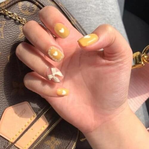 24pcs Pearl Inlaid Yellow Nail Patch Glue Type Removable Long Paragraph Fashion Manicure Save Time False Nail Patch Nail Art