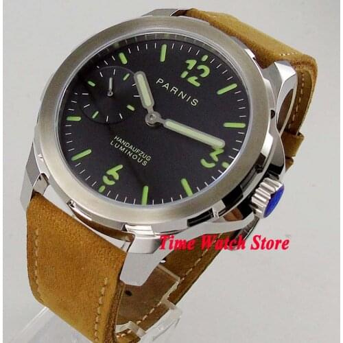 44mm Parnis 17 jewels 6497 hand winding mens watch sapphire glass black dial green marks luminous