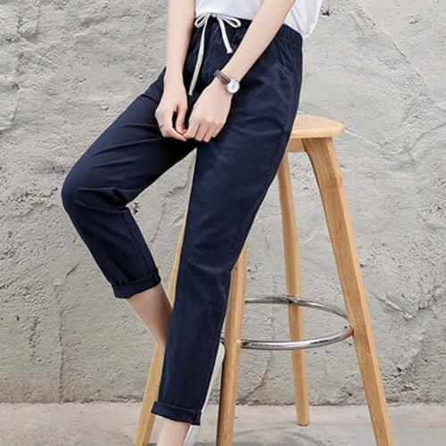 50%HOTWomen Casual Solid Color Waist Drawstring Elastic Waistband Cotton Pencil Pants