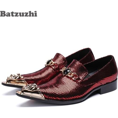 Batzuzhi Italy Type Men Shoes Gold Iron Toe Formal Leather Dress Shoes Business Men Wine Red Party and Wedding Shoes for Men,46