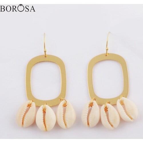 BOROSA 5/10Pairs High Quality Gold Electroplated Metal Three Natural Cowrie Shell Bead Dangle Earrings Jewelry Beach Style G1783