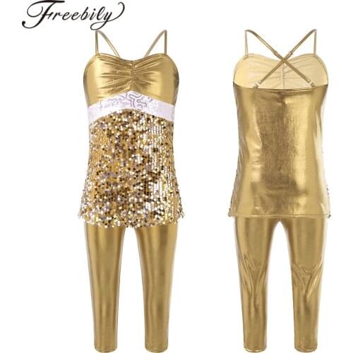 Kids Girls Modern Jazz Dance Costumes Shiny Sequin Sleeveless Vest Tank Tops With Pants Leggings Set Stage Performance Dancewear