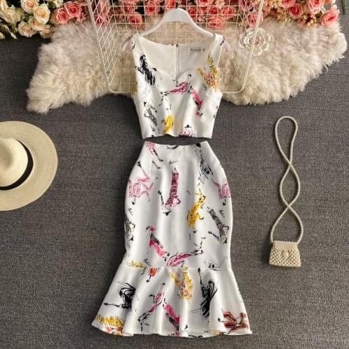 Elegant Womens White High-Waist Skirt Set 2021 Summer Print Short Crop Top Ladies Fishtail Skirt Two-Piece Set Female Clothing