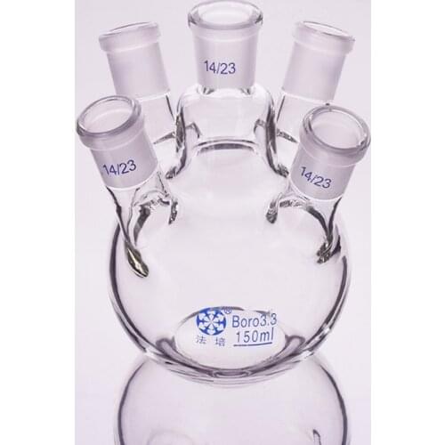 Five-necked flask oblique shape,with Five necks standard ground mouth 150ml,14/23,Five-necked flat bottom flask