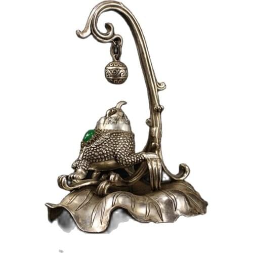 Antique jewel inlaid white copper, Golden Toad incense burner ornament