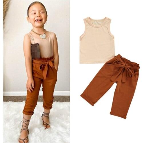 1-6Years Kids Baby Girls Clothes Set 2021 Summer Solid Color Sleeveless Tank Crop Tops + Bow Pants with Belt Casual Baby Outfits