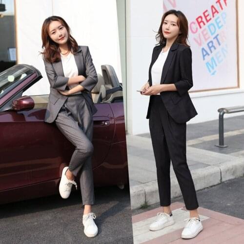 Set female 2019 fashion small suit jacket spring and summer striped feet pants two sets of temperament Slim womens clothes