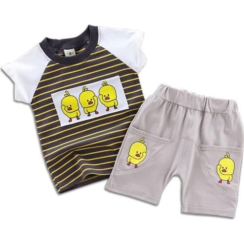 Boy Suit Summer Suit 2019 Childrens Circle Neck Stripe Short Sleeve Baby Cartoon Shorts Two-piece Suit 1-4 Years Old