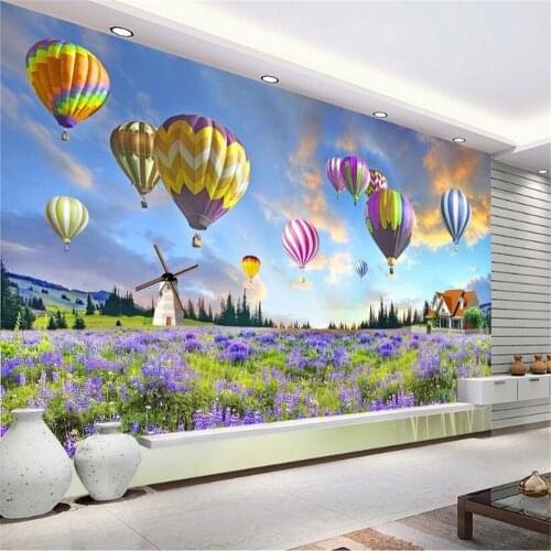Milofi custom 3D printing decoration wallpaper mural lavender flower sea hot air balloon landscape painting TV background wall