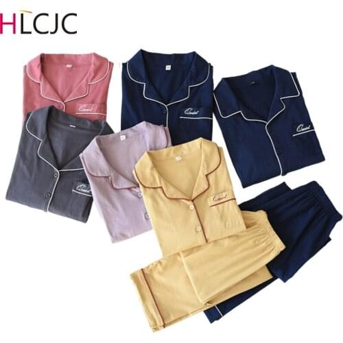 New Knitted Cotton Couple Pajamas for Women and Men Long-sleeved Trousers Sleepwear Solid Loungewear Two Piece Set Home Clothing