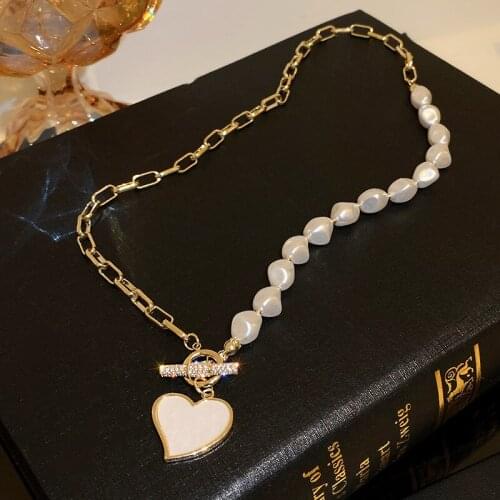 New Pearl Shell Heart Pendant Necklace For Women T-shaped Buckle Stitching Choker Fashion Jewelry Clavicle Chain Christmas Gifts