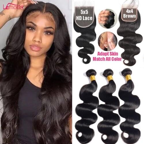 Lemoda 5x5 HD Lace Closure With Bundles Human Hair Body Wave Bundles With Closure Brazilian Remy Weave Extension With Frontal