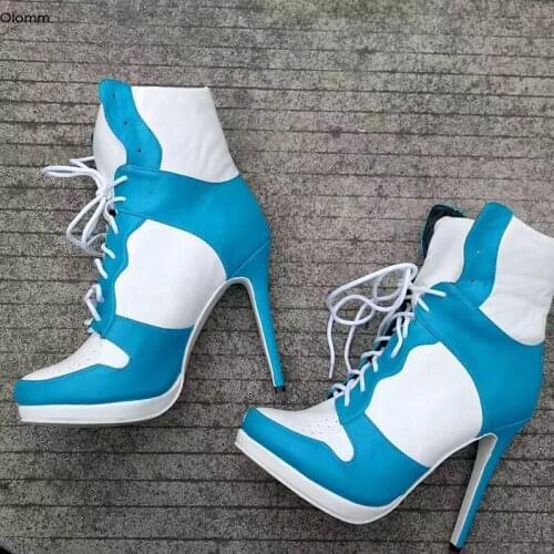 Olomm Fashion Women Platform Ankle Boots Stiletto High Heel Boots Round Toe Pretty Sky-blue Casual Shoes Women Plus US Size 4-15