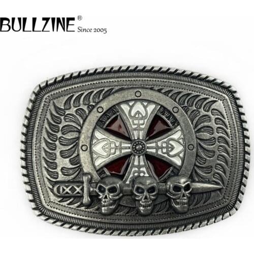 The Bullzine Cross with skulls belt buckle with pewter finish FP-02751 suitable for 4cm width snap on belt