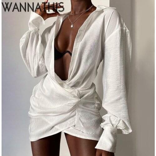 WannaThis Fashion Vintage Turn-Down Collar Long Sleeve Womens Dress Elegant Spring Sexy Loose Shirt Mini Dresses For Women 2021