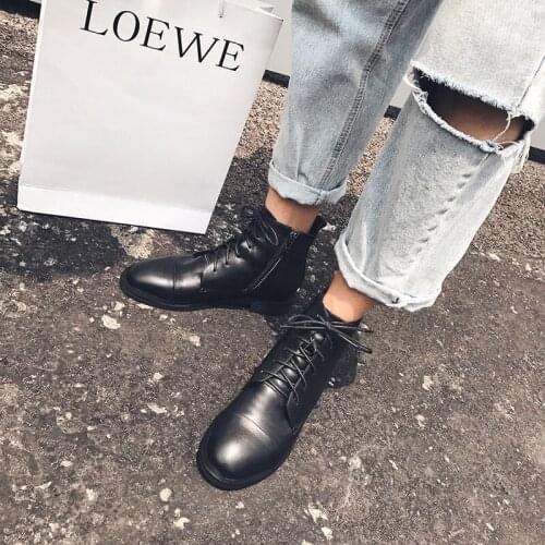 MORDOAN Genuine Cow Leather Lady Boots Womens Thick-soled Flat Heel Nice Fall British Style Round Ankle Boots Women