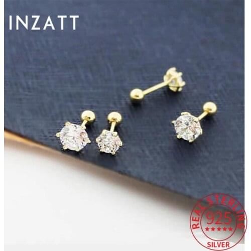 INZATT 1 Pcs Real 925 Sterling Silver Zircon Round Bead Stud 14K Gold Earrings For Women Punk Fine Jewelry Accessories