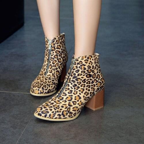 YMECHIC Super Large Size Square Block High Heels Ankle Boots for Women Footwear Flock Leopard Yellow Bootie Zipper Ladies Shoes