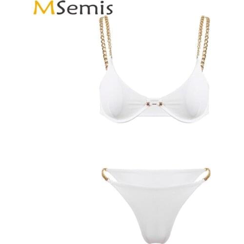 Womens Summer Fashion Bikini Swimsuit Erotic Metal Chains Lingerie Set Padded Push Up Bra Top with High Cut Thong Sexy Nightwear