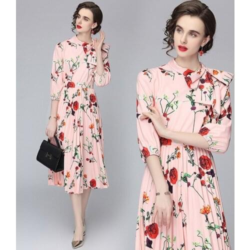 Spring Summer Fall 2pcs Women Casual Party Set Vintage Print Skew Neck Bow Scarf 1/2 Sleeve Top Shirt Blouse Skirt Suits Outfit