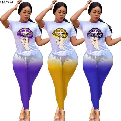 CM.YAYA Sport Womens Set Lips Print Tee Top Gradient Jogger Pants Suit Active Wear Tracksuit Two Piece Set Fitness Outfits