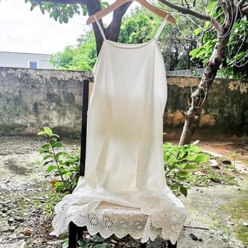 Sweet Mori Girl Style Pure Cotton Hollow Embroidery Lace Spaghetti Strap Loose Long Petticoat Summer Basic Dress Robe for Women