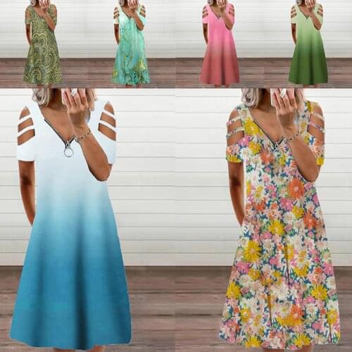 Women Sexy Summer Zipper V Neck Casual Elegant Vintage Plus Size Hollow Out Dresses Floral Print Short Sleeve Dress Streewear