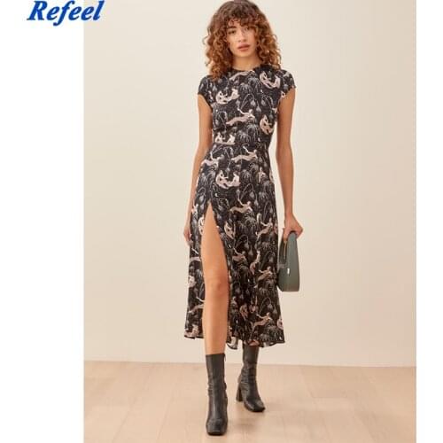 Vintage Girl Dance Print Chiffon Vestidos Palace Short Sleeve Women Midi Dress O Neck Split Dresses