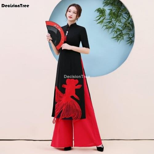 2021 rayon traditional chinese women dress+pants set vintage lady floral vietnam aodai qipao traditional cheongsam dress
