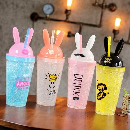 Boxi Kawaii Bunny Ears Drinking Straw Bottle Creative Cute Rabbit Ice Cup Kpop Fashion Double Straw Plastic Cartoon Mug For Girl