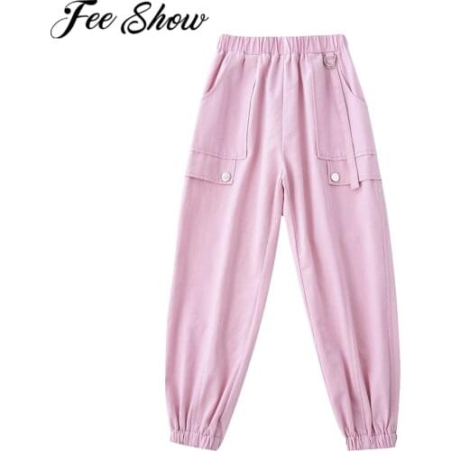 Kids Girls Teen Cargo Pants Cotton Casual Trousers Children Clothes Girls Loose Elastic Waist Sports Jogger Pants 6-14 Years