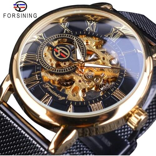 Forsining 2018 Classic Retro Luxury 3D Roman Number Black Mesh Band Transparent Men Mechanical Skeleton Watches Top Brand Luxury