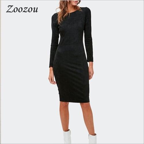 Black Classic Slim Suede Leather Dress Autumn Winter Warm Ladies Sheath Dress Elegant Long Sleeve Knee Length Pencil Dresses New