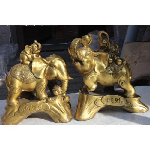 Chinese Pure Brass Copper Auspicious Elephant Gourd Wealth Yuanbao Statue Pair