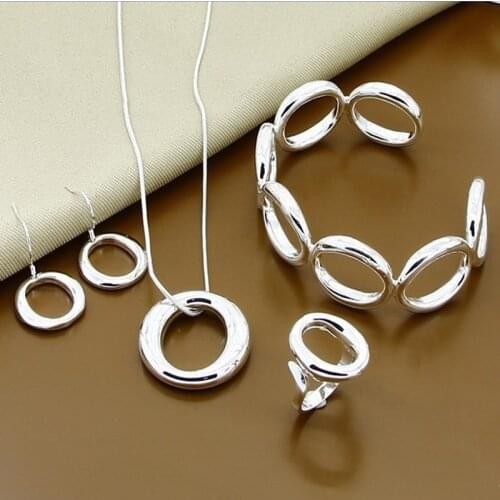 Jewelry Sets 925 Silver Fashion Simple Round Open Bangles Necklace Earrings Rings Set Top Quality