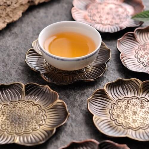 Chinese Style Retro Copper Saucer Lotus Leaf Tea Coaster Cup Holder Insulation Tea Ceremony Tea Set Accessories