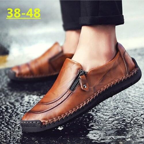Fashion British Style Men Causal Shoes Artificial Leather Loafers Zipper Flats Men Breathable Outdoors Shoes Plus Size 38-48