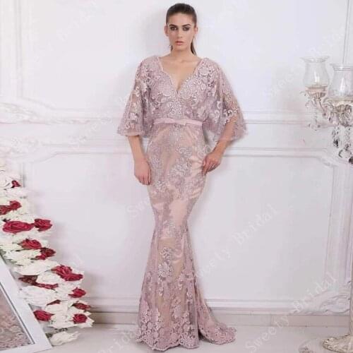 Dubai Muslim Mermaid Evening Dress 2021 Half Sleeves Sexy Deep V Neck Vestidos De Fiesta Arabic Formal Prom Gown Robe De Soiree