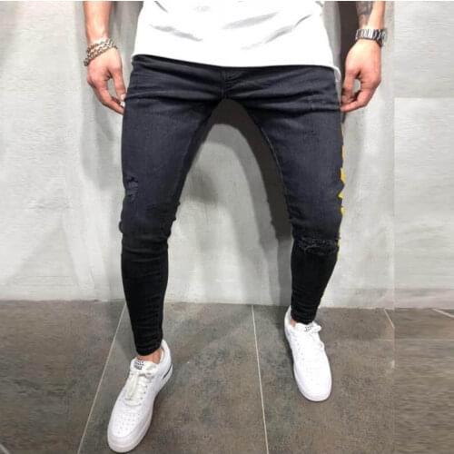 2021 Mens Skinny Black Yellow Side Stripes Hip Hop Streetwear Raw Edge Ripped Skinny Printed Street Lightweight Cotton Jeans