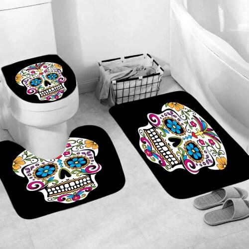 Dark Skull Skeletons Rose Non-Slip Bath Mat Clown FashionFabric Polyester Quick-Drying Toilet Cover U Shape Mat Home Decor
