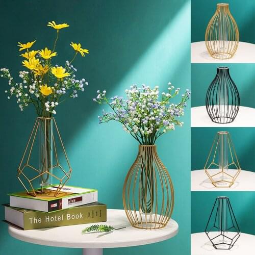 Nordic Simple Metal Glass Vase Hydroponic Plant Flower Vase Golden Iron Geometric Glass Test Tube Plant Holder Modern Home Decor