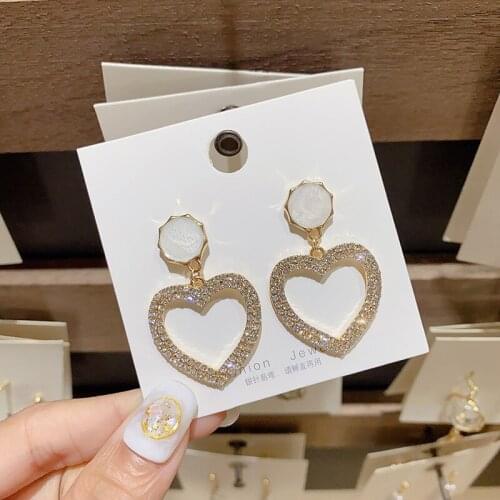 KNOCK Dominated Exaggerated fashion crystal double heart earrings contracted joker long Women Drop earrings Jewelry