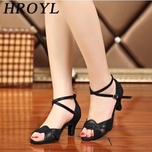 HROYL Women Party Dance Shoes Satin Cowhide Soft Bottom Latin Dance Shoes Woman Salsa Dance Shoes heel 5CM-10CM
