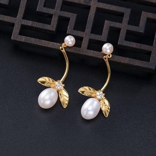 VLA Creative Simple Design Inlaid Zircon Earrings 925 Sterling Silver Fashion Pearl Leaf Earrings For Women