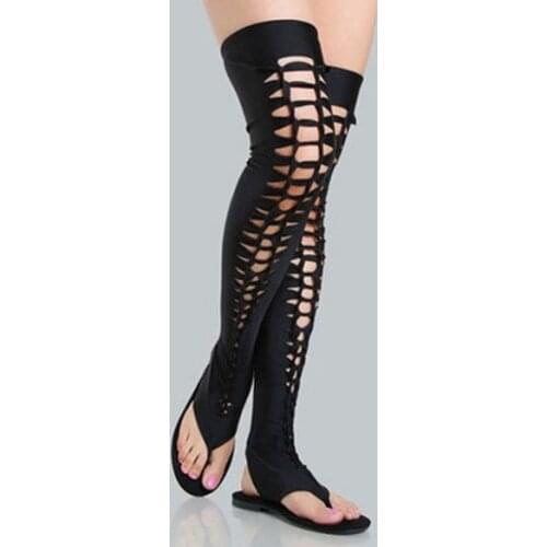 Woman Burgundy Black Elastic Cloth Clip-toe Over The Knee Flat Boots Girls Comfortable Gladiator Front Cuts Out Long Thigh Boots