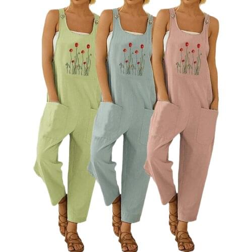 Women Boho Loose Jumpsuits Casual Sleeveless Floral Embroidery Bib Pants with Pockets Overalls