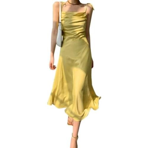 Women Summer A-line Dress Adults Sleeveless Tie-up Solid Color Boat Neck Spaghetti Strap