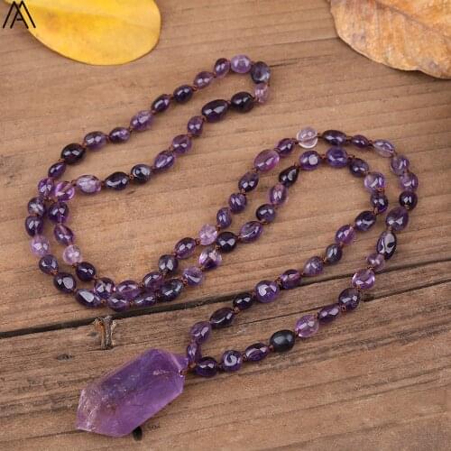 Natural Amethysts Quartz Chip Beads Mala Necklace Women Double Stick Purple Quartz Point Knotted Handmade Necklace N0259AMDD